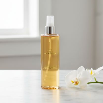 Mediterranean Vitalize Toned Lotion — bancada de mármore com orquídea branca