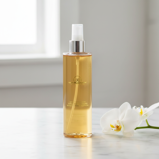 Mediterranean Vitalize Toned Lotion — bancada de mármore com orquídea branca