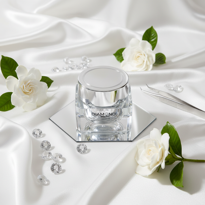 Diamond Face Cream - Flat lay em seda com gemas