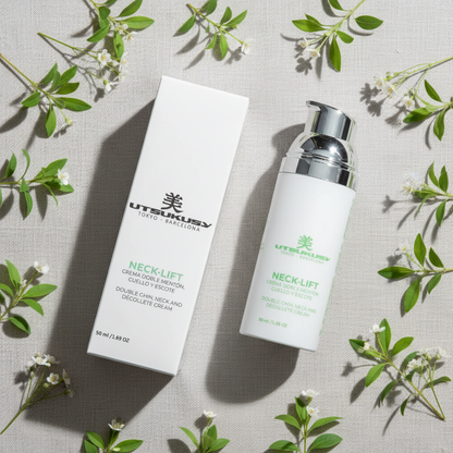 Utsukusy Neck Lift - flat lay com folhas verdes