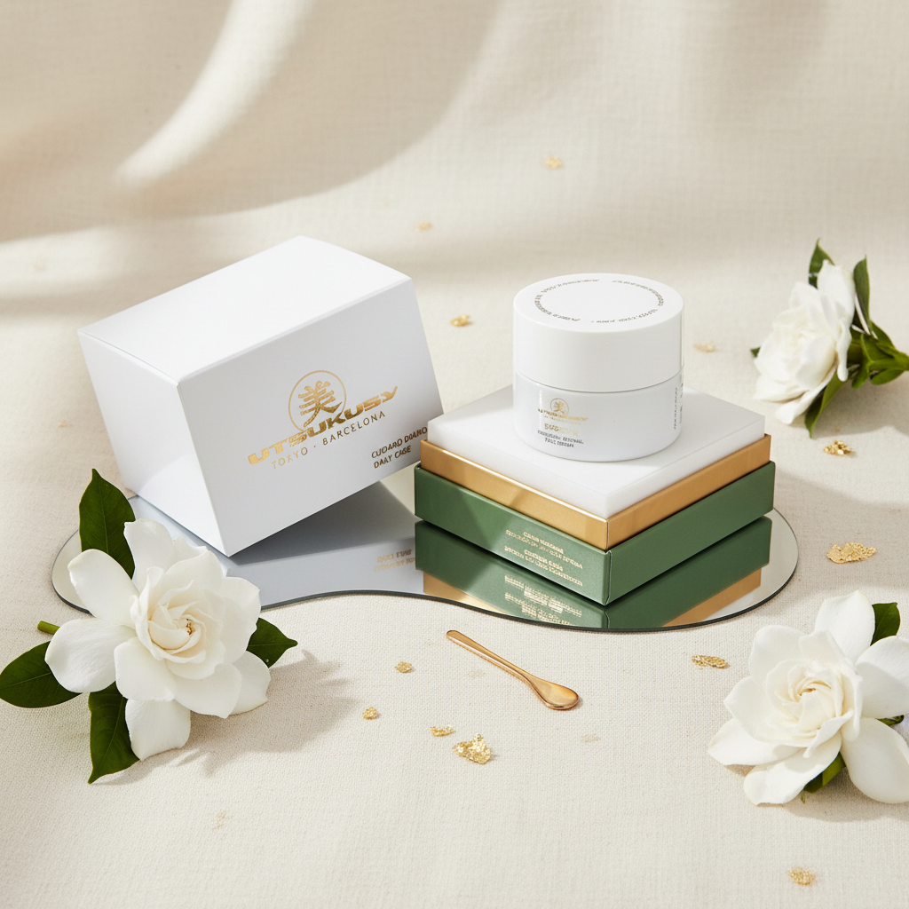 Exosomes Retinal Face Cream - Flat lay em linho com flores brancas