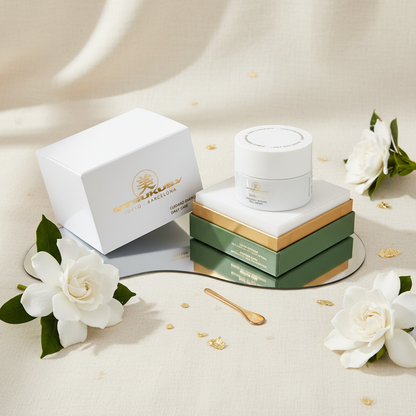 Exosomes Retinal Face Cream - Flat lay em linho com flores brancas
