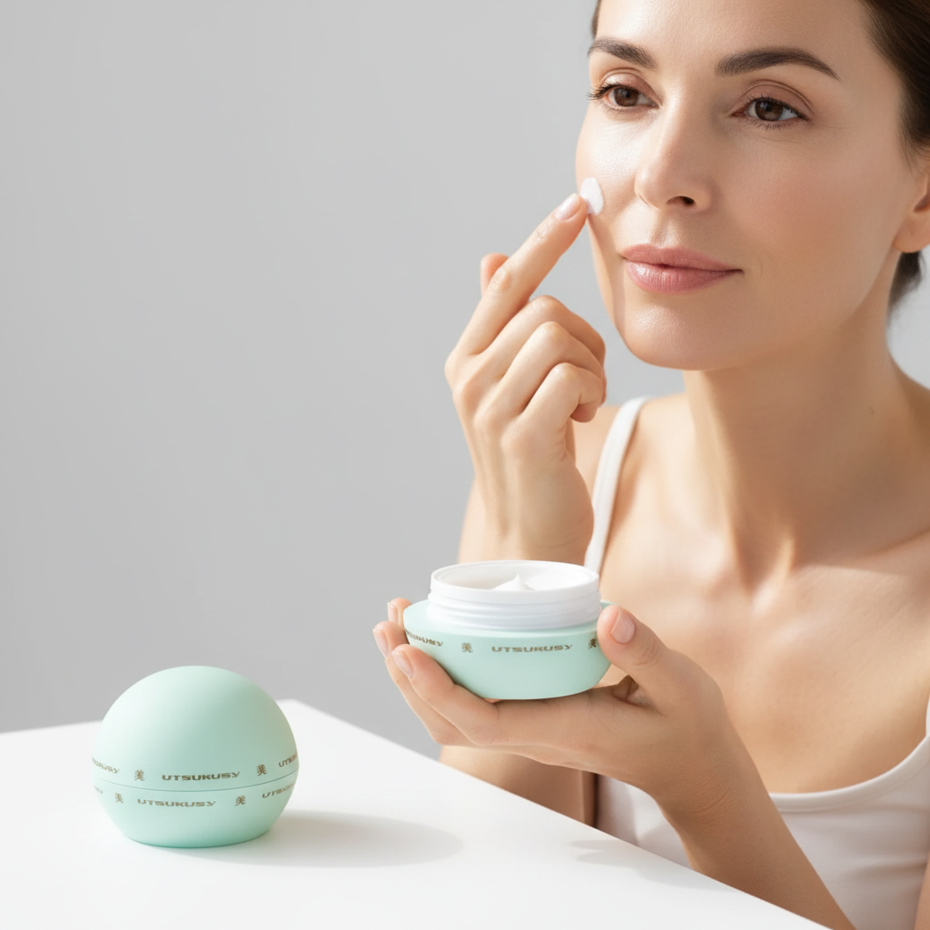 Utsukusy verde menta - senhora a aplicar o creme