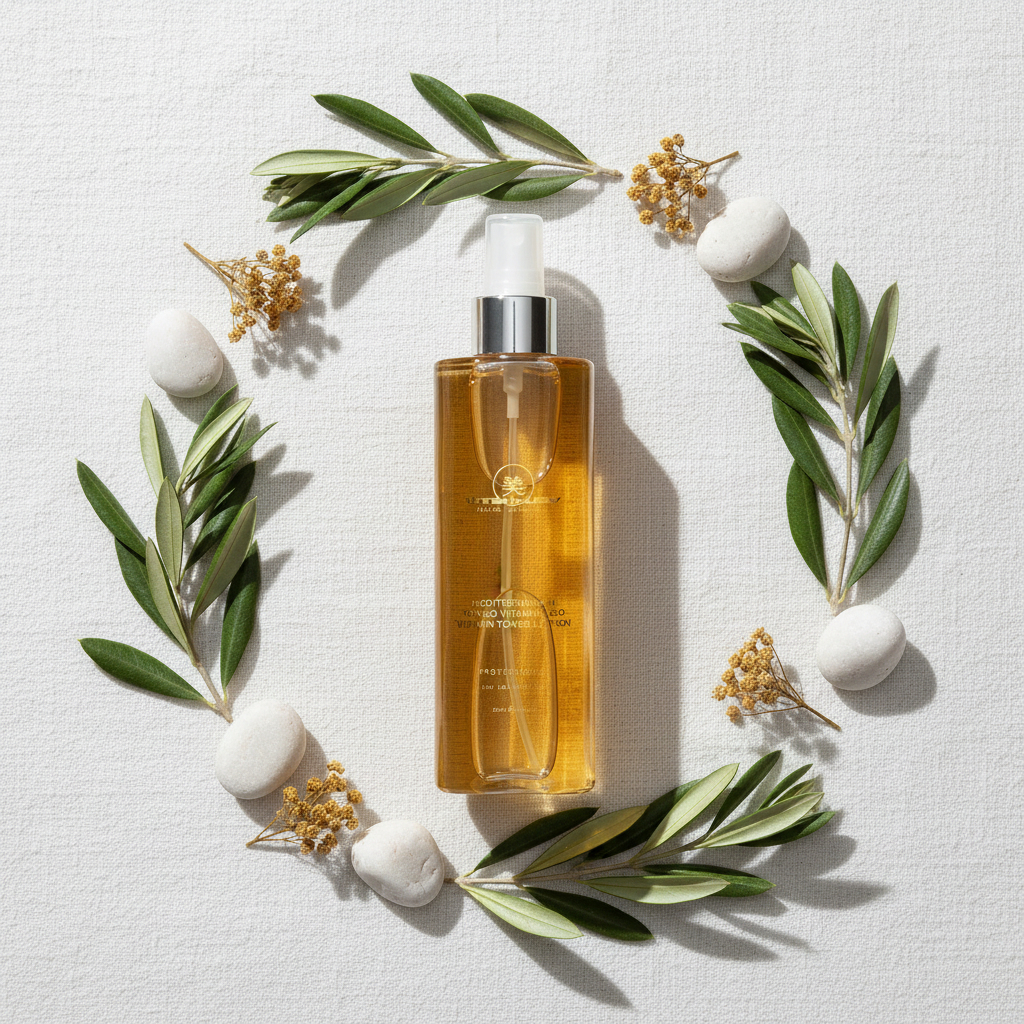 Mediterranean Vitalize Toned Lotion — flat lay mediterrânico com folhas de oliveira