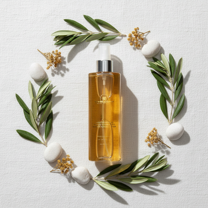 Mediterranean Vitalize Toned Lotion — flat lay mediterrânico com folhas de oliveira