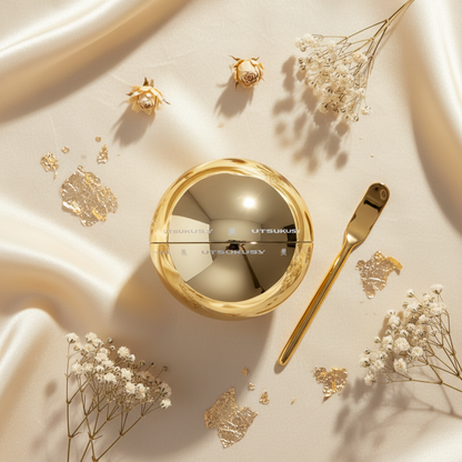 Gold Sphere - Flat lay em seda com folhas douradas