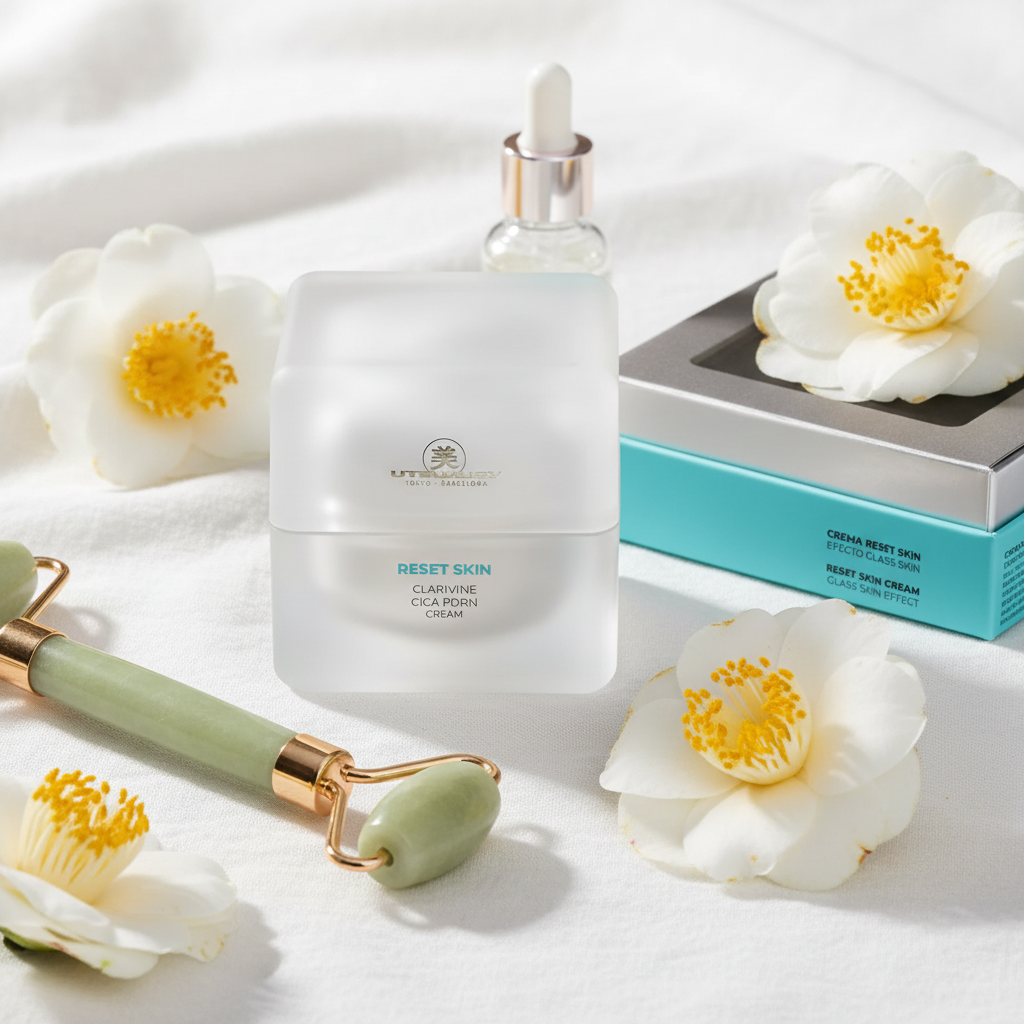 Reset Skin Cream - Flat lay com flores e acessórios