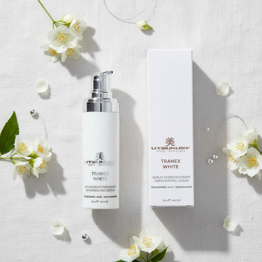 Utsukusy Tranex White - flat lay com flores de jasmim