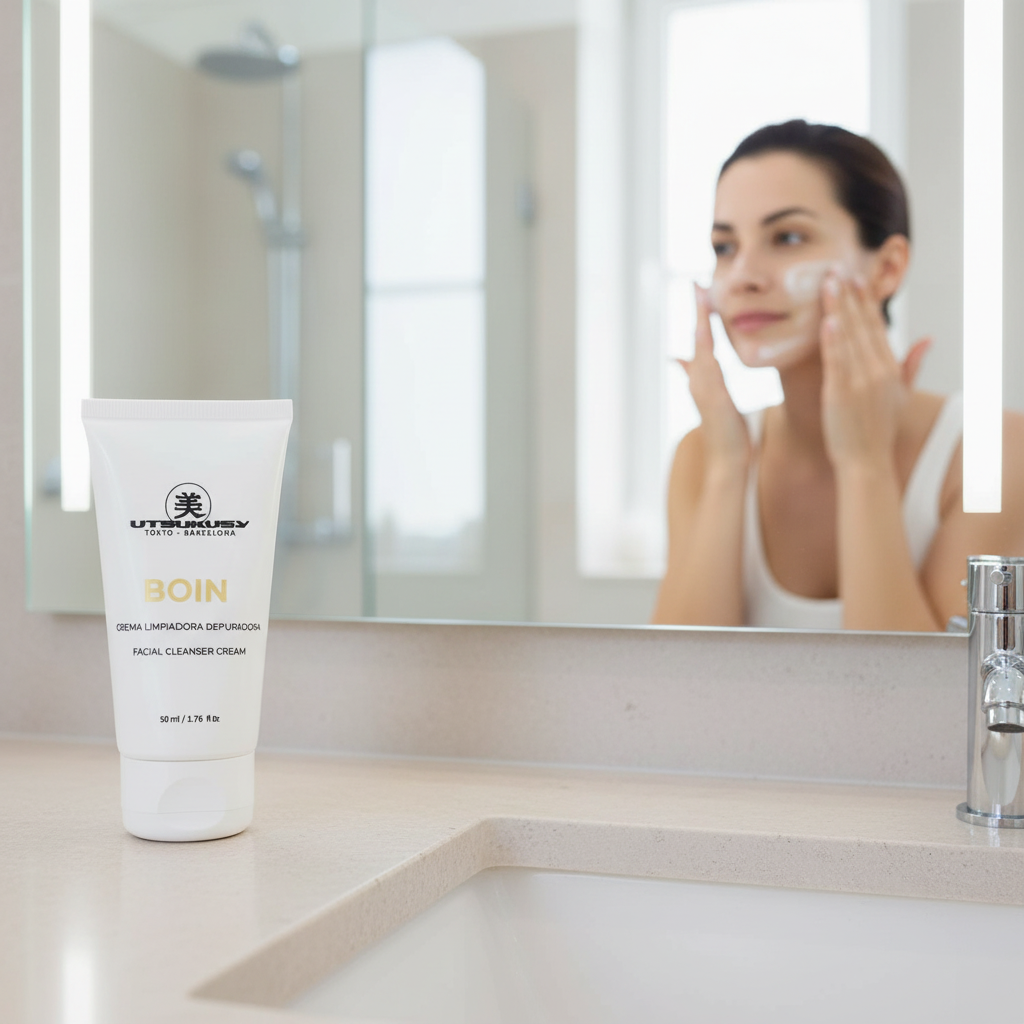 BOIN Facial Cleanser Cream — mulher a aplicar creme limpador no rosto