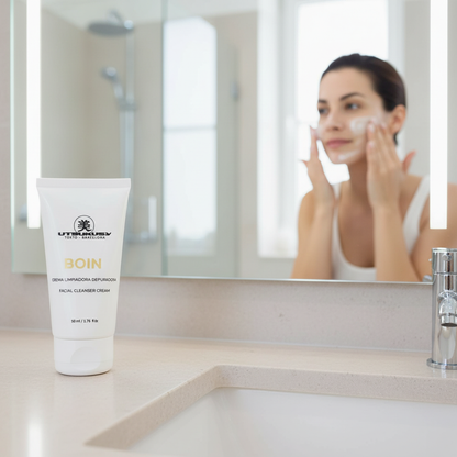 BOIN Facial Cleanser Cream — mulher a aplicar creme limpador no rosto