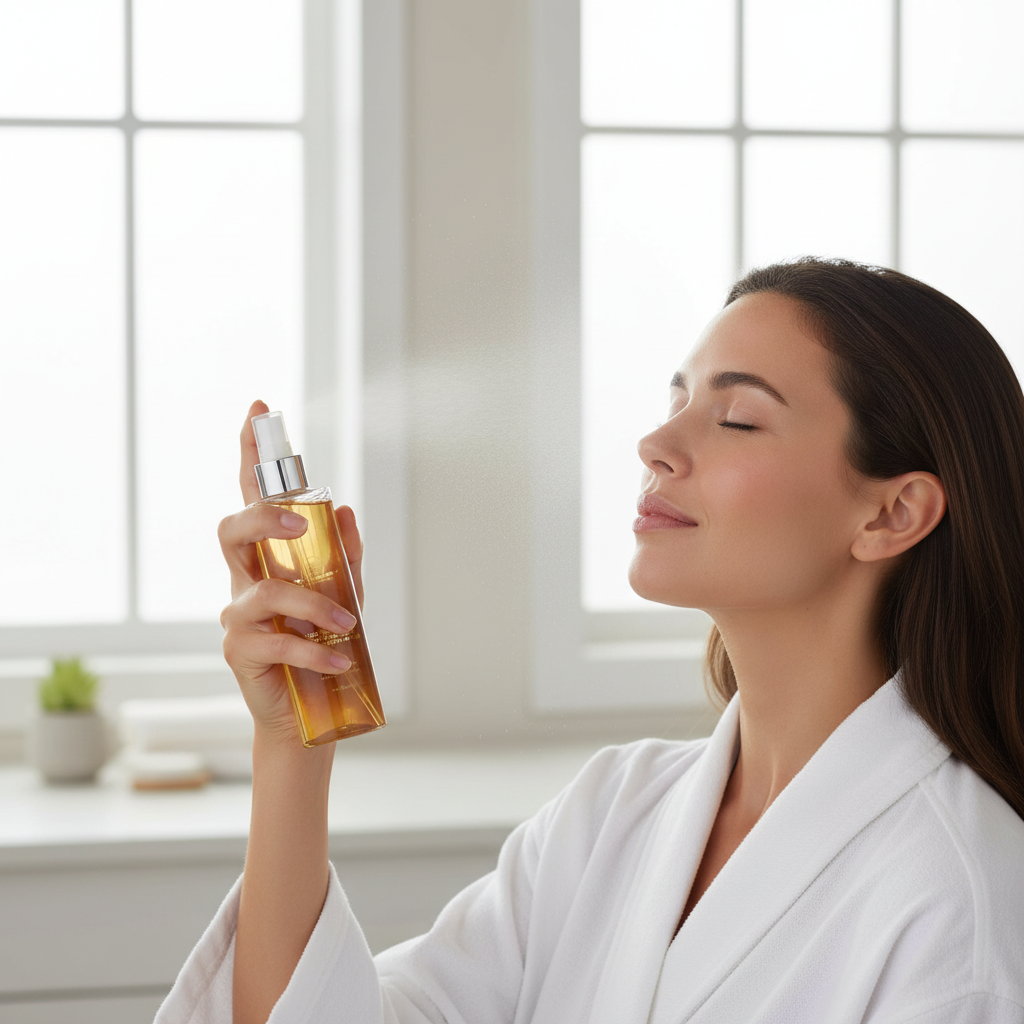 Mediterranean Vitalize Toned Lotion — mulher a pulverizar tónico no rosto