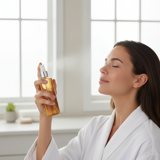 Mediterranean Vitalize Toned Lotion — mulher a pulverizar tónico no rosto