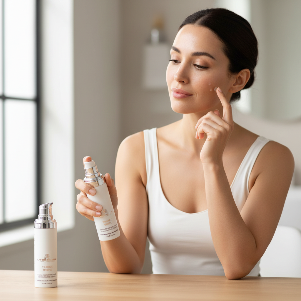 Utsukusy Tranex White - senhora a aplicar o sérum