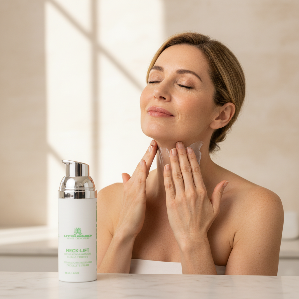 Utsukusy Neck Lift - senhora a aplicar no pescoço