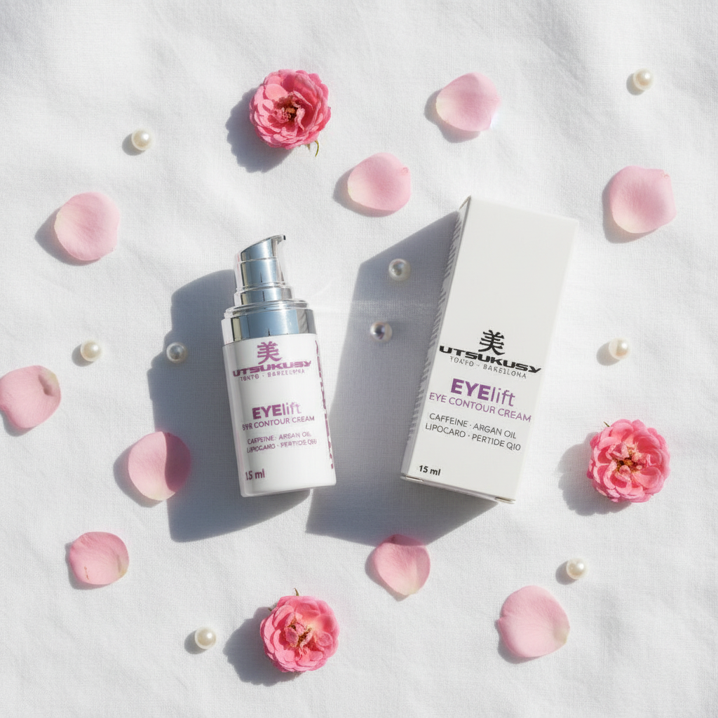 Utsukusy Eye Lift - flat lay com pétalas e pérolas