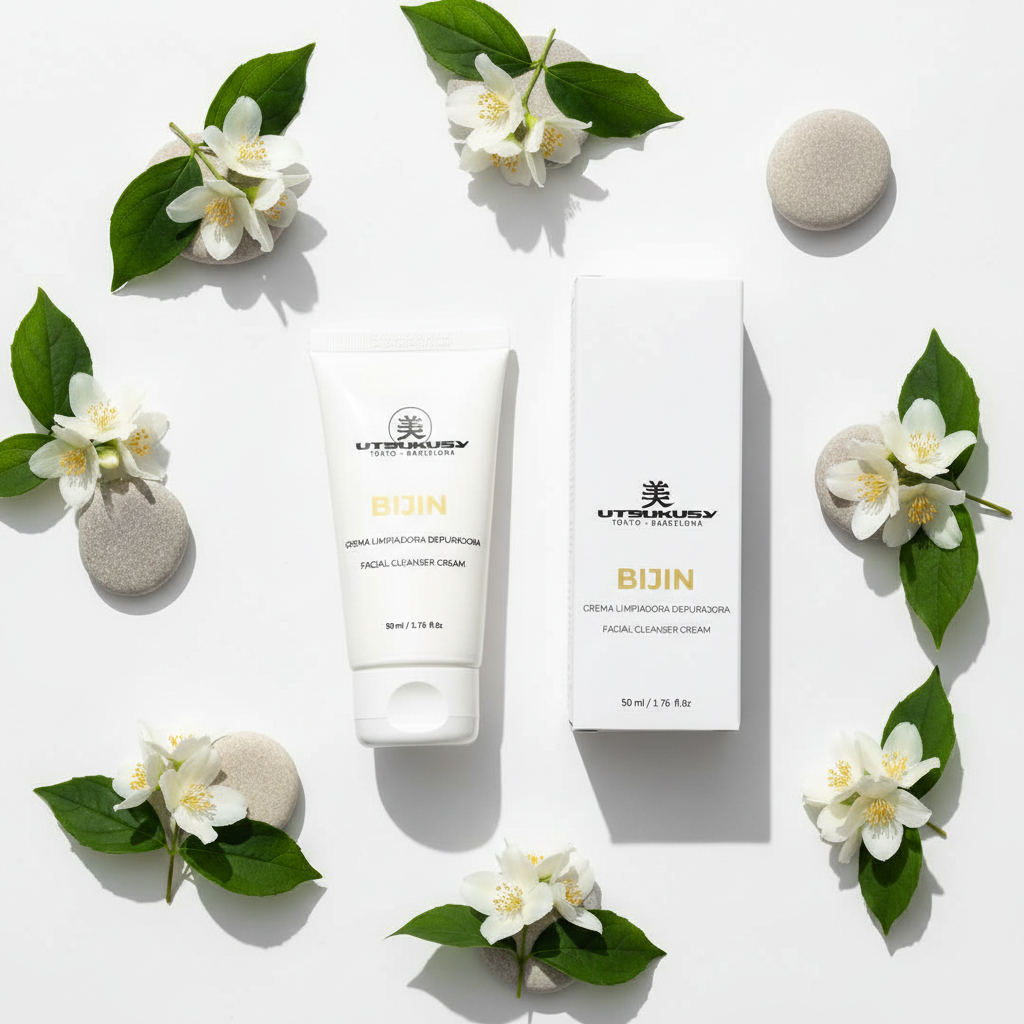 BOIN Facial Cleanser Cream — flat lay com flores de jasmim e folhas verdes
