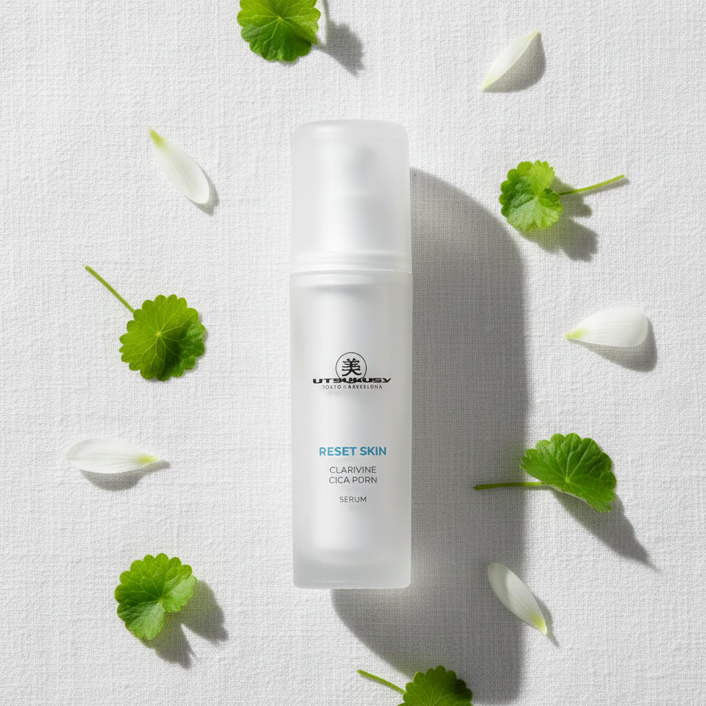 Utsukusy Reset Skin - flat lay com folhas de cica