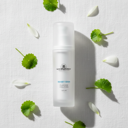Utsukusy Reset Skin - flat lay com folhas de cica