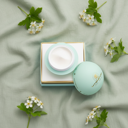 Utsukusy verde menta - flat lay com flores brancas