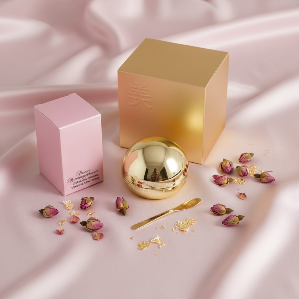 Sensitive Skin Cream - Flat lay em seda rosa com rosas